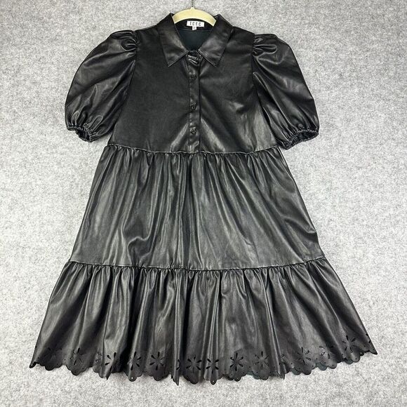 TCEC Mini Babydoll Dress  Womens S Black Faux Leather Puff Sleeve Laser Cut FLAW - Picture 1 of 16